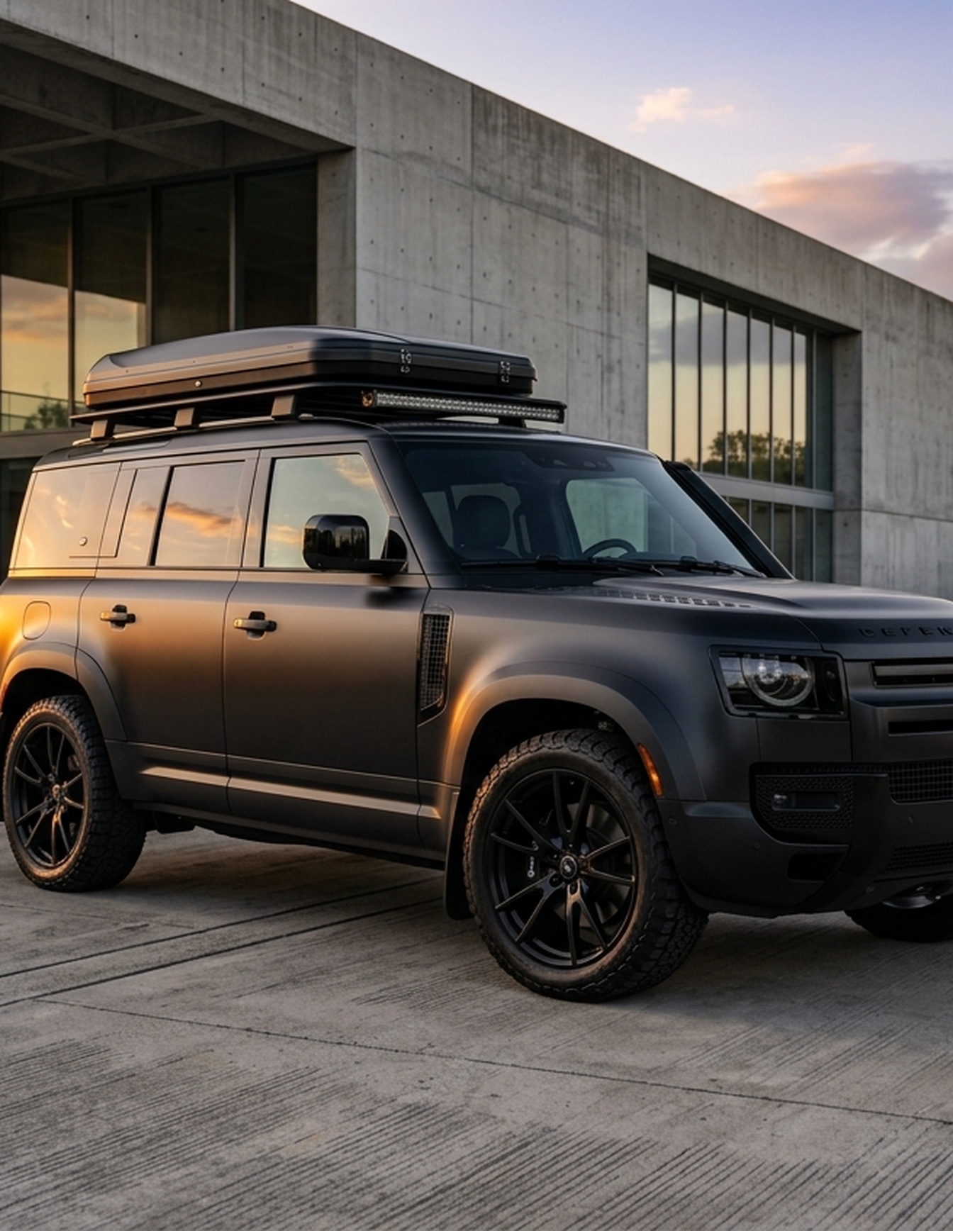 A custom Branders Land Rover Defender 110 with a matte gray and black finish is parked on a concrete floor inside a workshop.