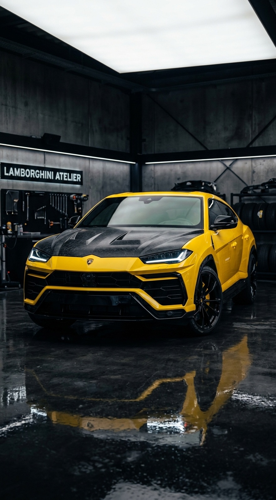 A yellow custom Branders Lamborghini Urus parked inside a rustic, sunlit warehouse.