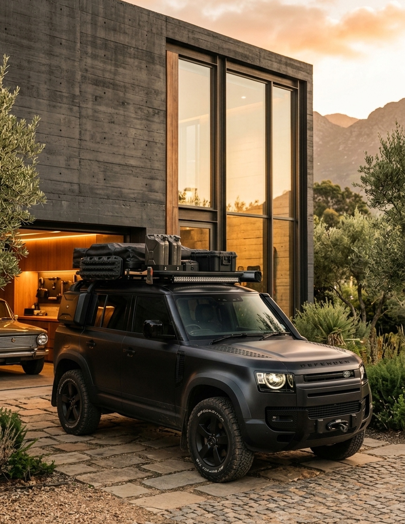 A custom Branders Land Rover Defender 110 is parked on a concrete surface outside a modern building with large windows.