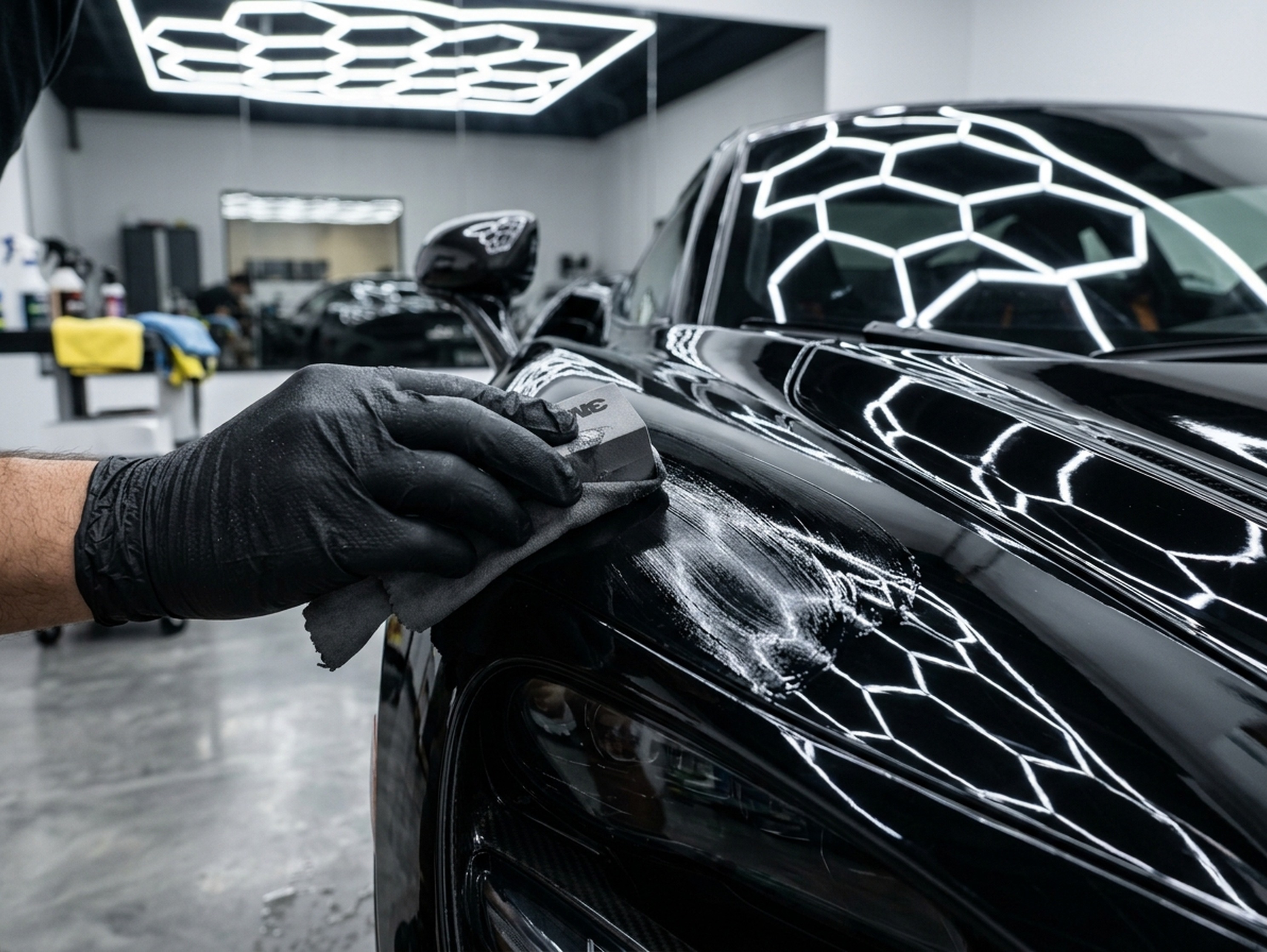 Gloved hand meticulously applying ceramic coating to a luxury car