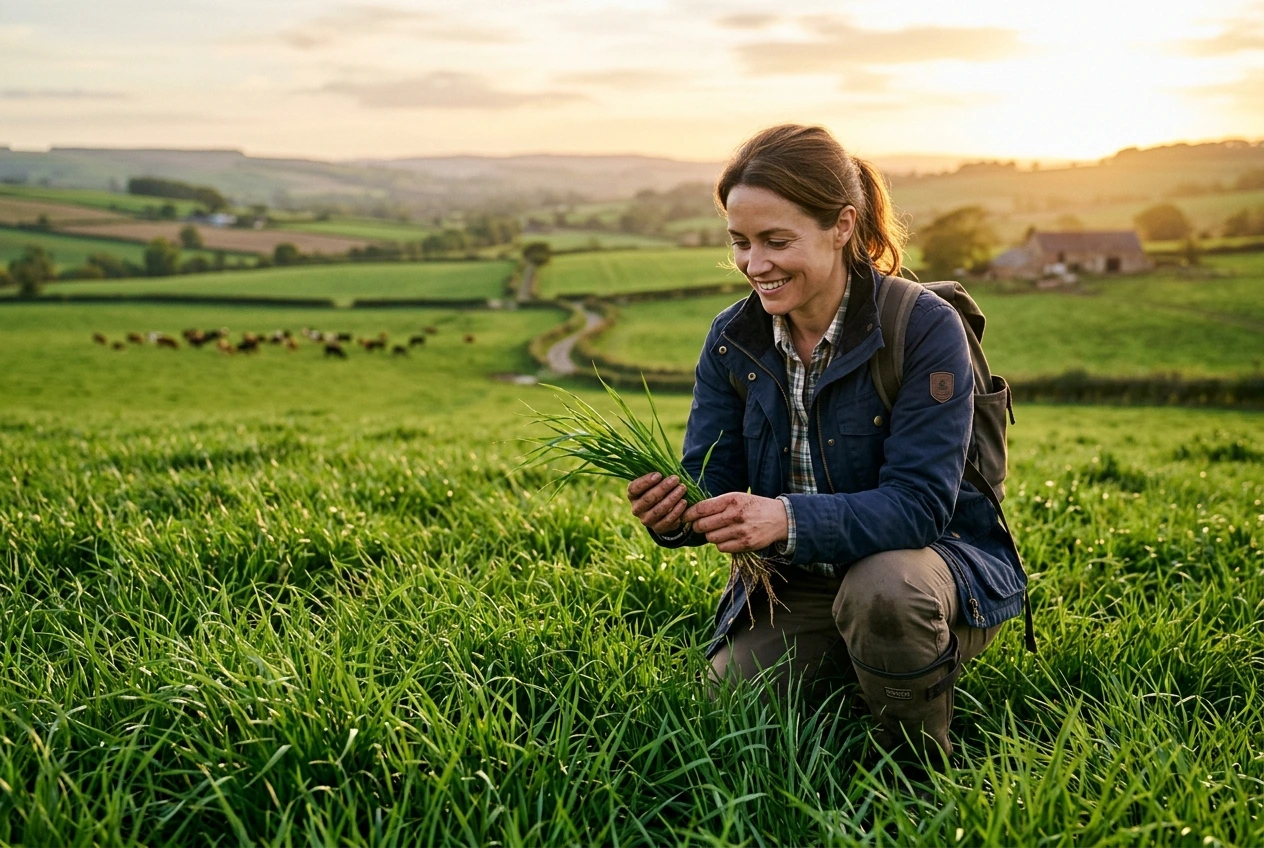 Farmer examining ryegrass with high lipid content for improved livestock nutrition and milk quality